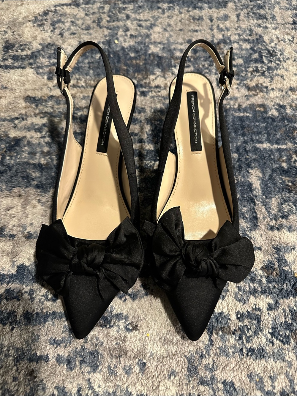 French Connection Black Pointed-Toe Slingback Pumps with Satin Bow. Size 8